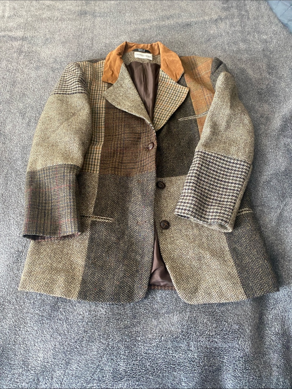 Vtg Charles Klein Patchwork Tweed Pea Coat with Corduroy Collar - Brown Multi